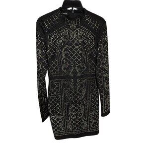Bebe Black Rhinestone Bodycon Quilted Mock-Neck Long-Sleeve Cocktail Mini Dress